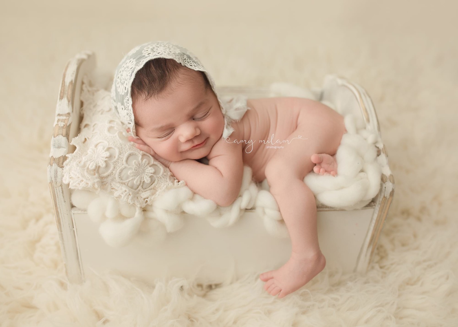 timeless white newborn pictures, baby girl in cradle