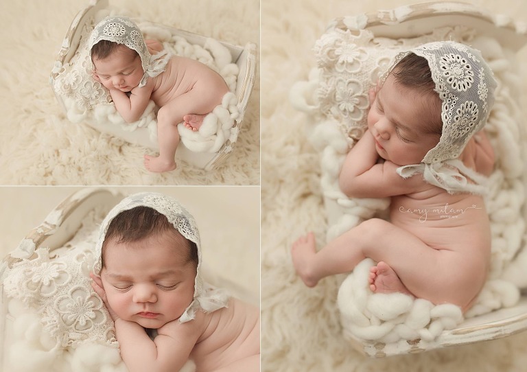 Lace bonnet newborn girl in cradle, New Orleans newborn photography.