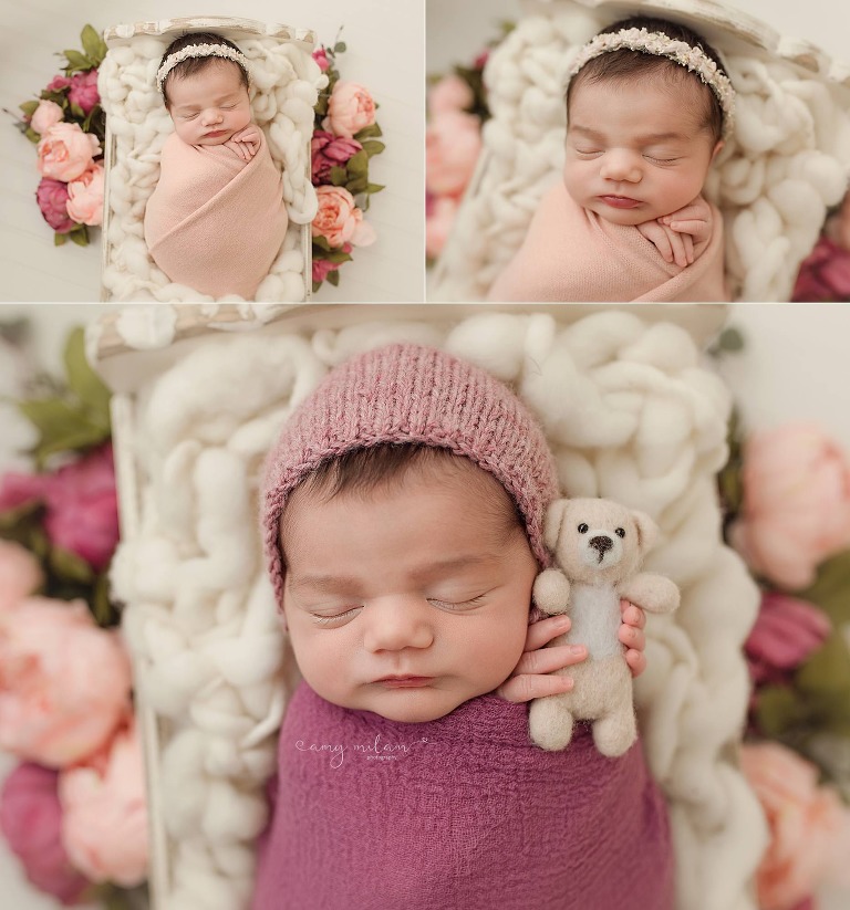 Baby girl newborn session with flowers and pink bonnet, New Orleans.